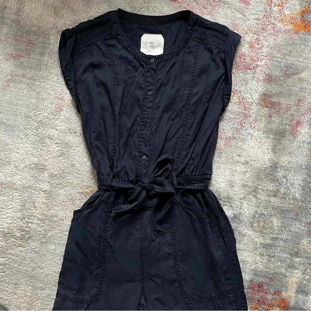 HEI HEI Navy Blue Sleeveless Jumpsuit with elastic waist and tie- so cute! - Picture 3 of 11